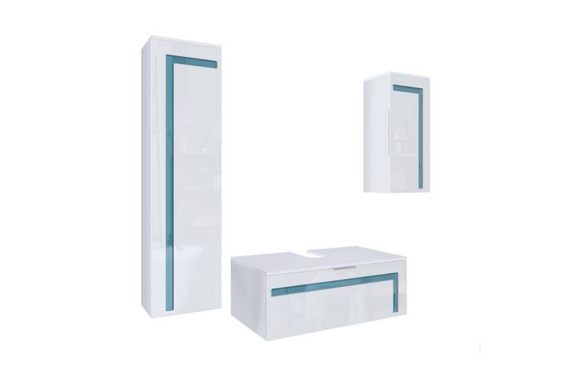 Vladon Badmöbel-Set Aloha V2, (Badezimmer-Set, mit 2 Hochschränken und 1 Unterschrank), Weiß matt/Weiß glänzend, Absetzungen in Petrol glänzend (189x193x51cm) von Vladon