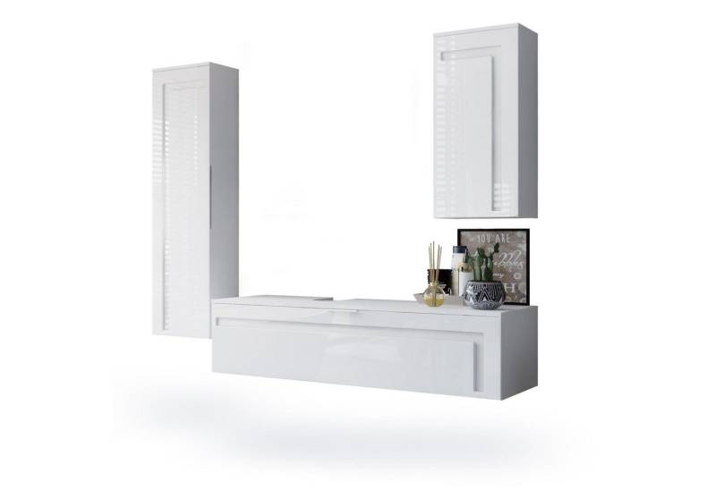 Vladon Badmöbel-Set Aloha, (Badezimmer-Set, mit 2 Hochschränken und 1 Unterschrank), Weiß matt/Weiß glänzend, Absetzungen in Weiß glänzend (210x51x185 cm) von Vladon