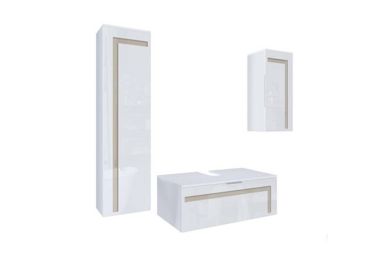 Vladon Badmöbel-Set Aloha V2, (Badezimmer-Set, mit 2 Hochschränken und 1 Unterschrank), Weiß matt&glänzend, Absetzungen in Sandgrau glänzend (189x193x51cm) von Vladon