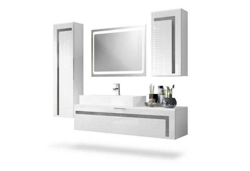 Vladon Badmöbel-Set Aloha, (Badezimmer-Set mit 2 Hochschränken, 1 Unterschrank, LED-Spiegel, Waschbecken und Armatur), Weiß matt&glänzend, Absetzungen in Beton Dunkel Optik (210x51x185 cm) von Vladon