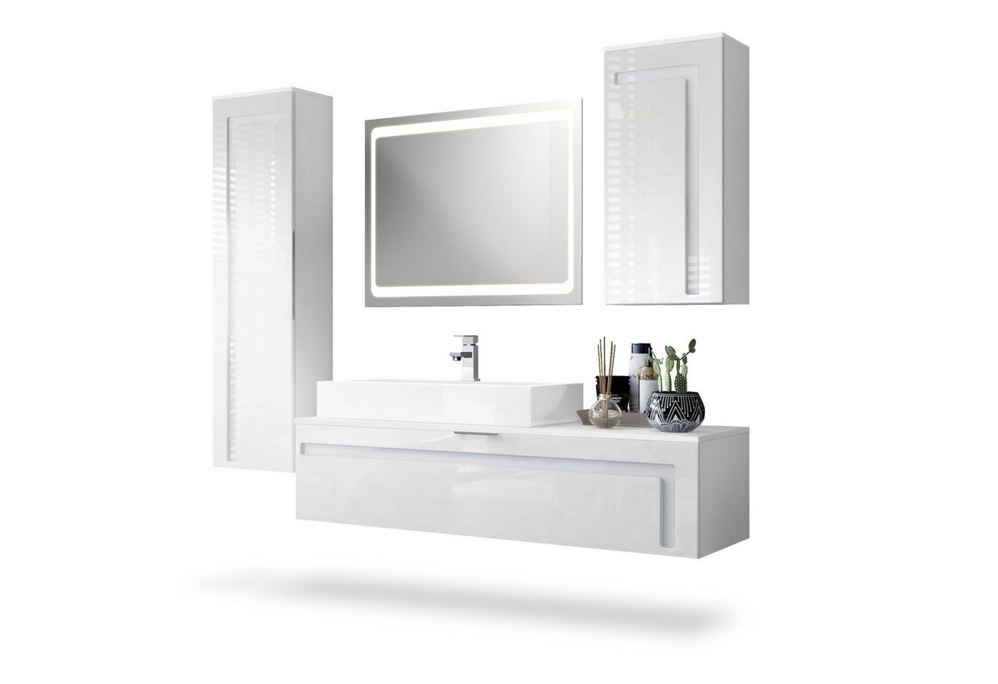 Vladon Badmöbel-Set Aloha, (Badezimmer-Set mit 2 Hochschränken, 1 Unterschrank, LED-Spiegel und 1 Waschbecken mit Armatur), Weiß matt/Weiß glänzend, Absetzungen in Weiß glänzend (210x51x185 cm) von Vladon