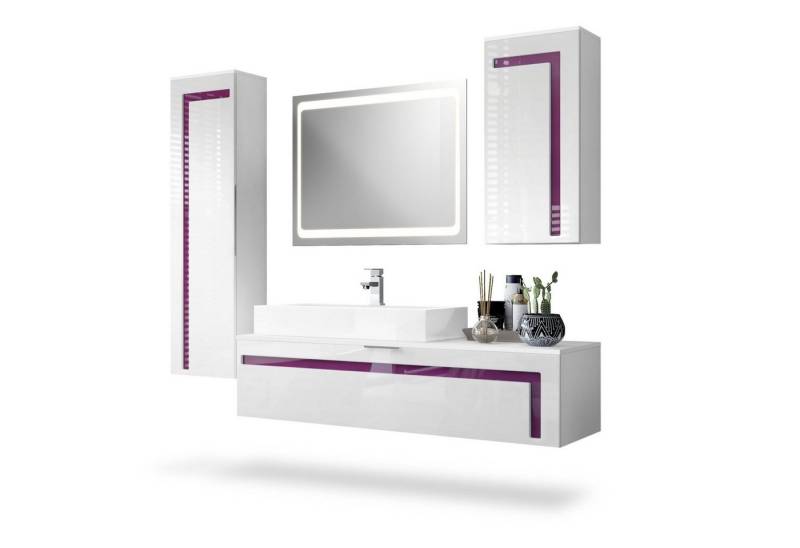 Vladon Badmöbel-Set Aloha, (Badezimmer-Set mit 2 Hochschränken, 1 Unterschrank, LED-Spiegel und 1 Waschbecken mit Armatur), Weiß matt&glänzend, Absetzungen in Brombeer glänzend (210x51x185 cm) von Vladon
