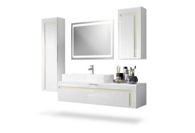 Vladon Badmöbel-Set Aloha, (Badezimmer-Set mit 2 Hochschränken, 1 Unterschrank, LED-Spiegel und 1 Waschbecken mit Armatur), Weiß matt&glänzend, Absetzungen in Creme glänzend (210x51x185 cm) von Vladon