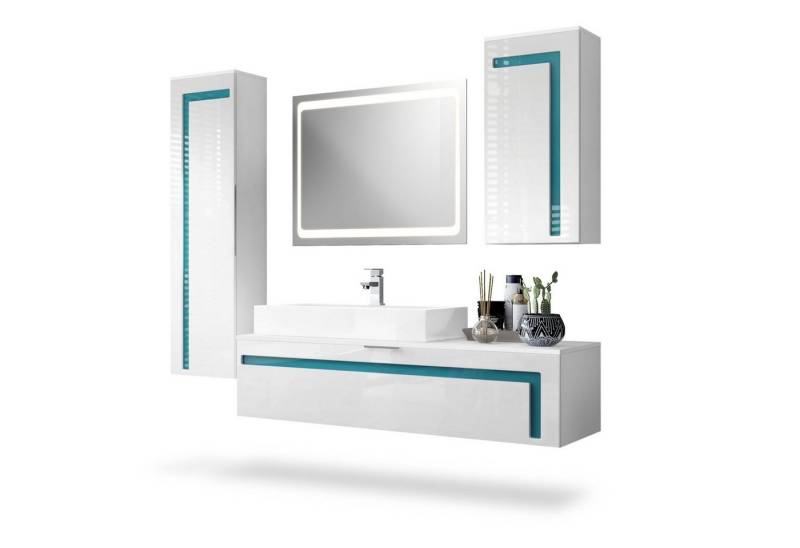 Vladon Badmöbel-Set Aloha, (Badezimmer-Set mit 2 Hochschränken, 1 Unterschrank, LED-Spiegel und 1 Waschbecken mit Armatur), Weiß matt&glänzend, Absetzungen in Petrol glänzend (210x51x185 cm) von Vladon