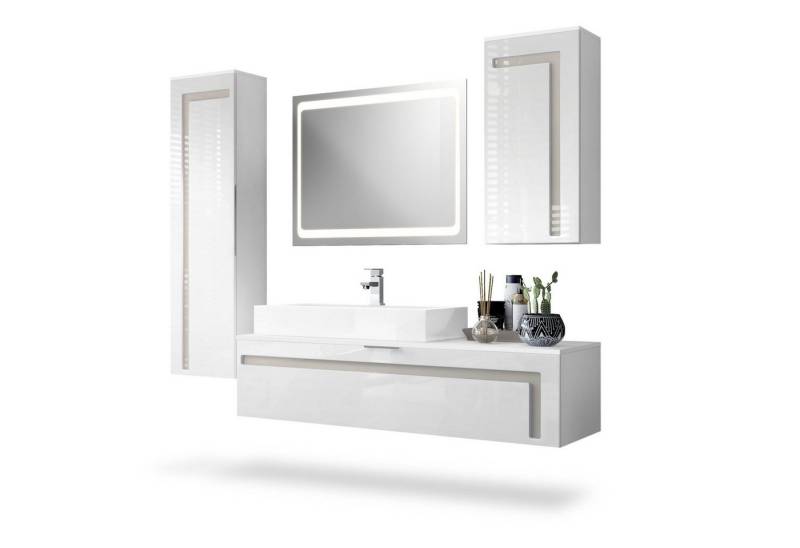 Vladon Badmöbel-Set Aloha, (Badezimmer-Set mit 2 Hochschränken, 1 Unterschrank, LED-Spiegel und 1 Waschbecken mit Armatur), Weiß matt&glänzend, Absetzungen in Sandgrau glänzend (210x51x185 cm) von Vladon