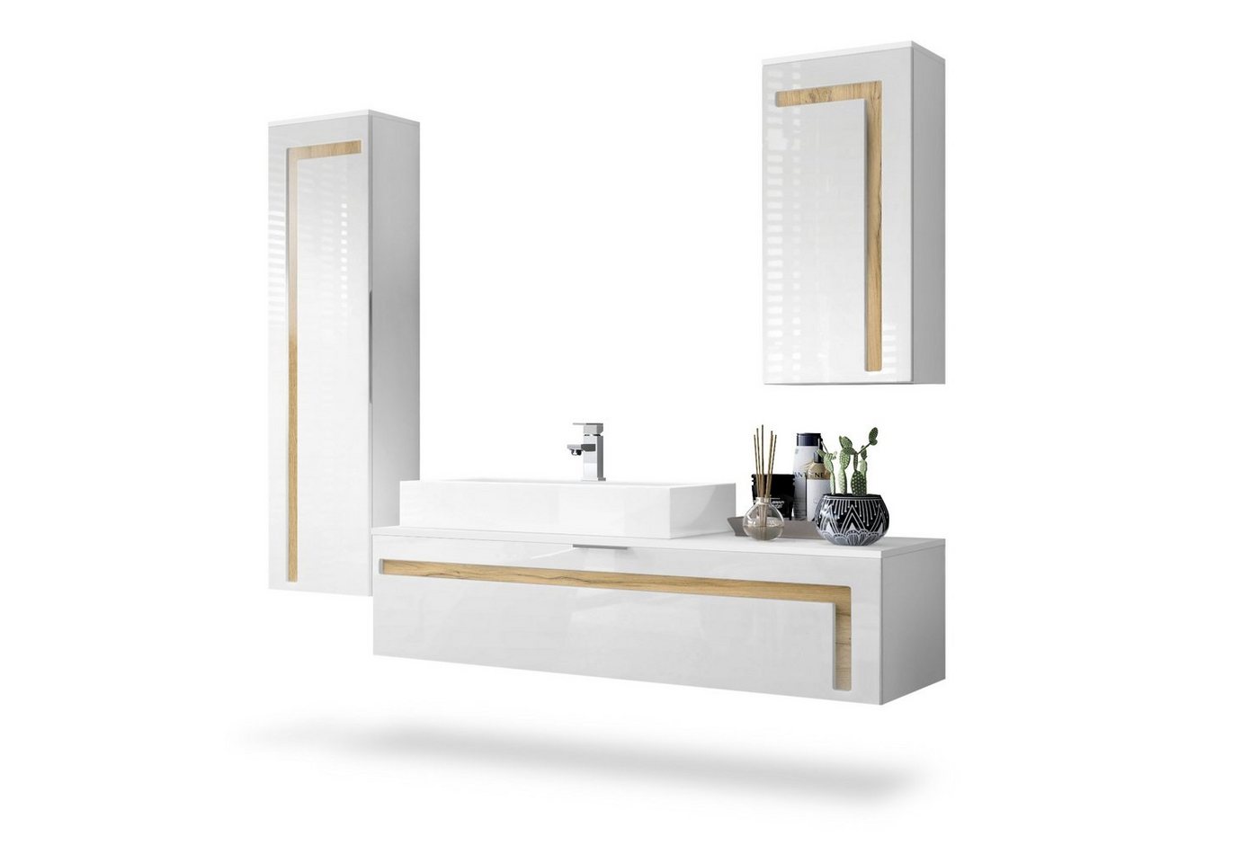 Vladon Badmöbel-Set Aloha, (Badezimmer-Set mit 2 Hochschränken, 1 Unterschrank, Waschbecken und Armatur), Weiß matt/Weiß Hochglanz, Absetzungen in Eiche Natur (210x51x185 cm) von Vladon