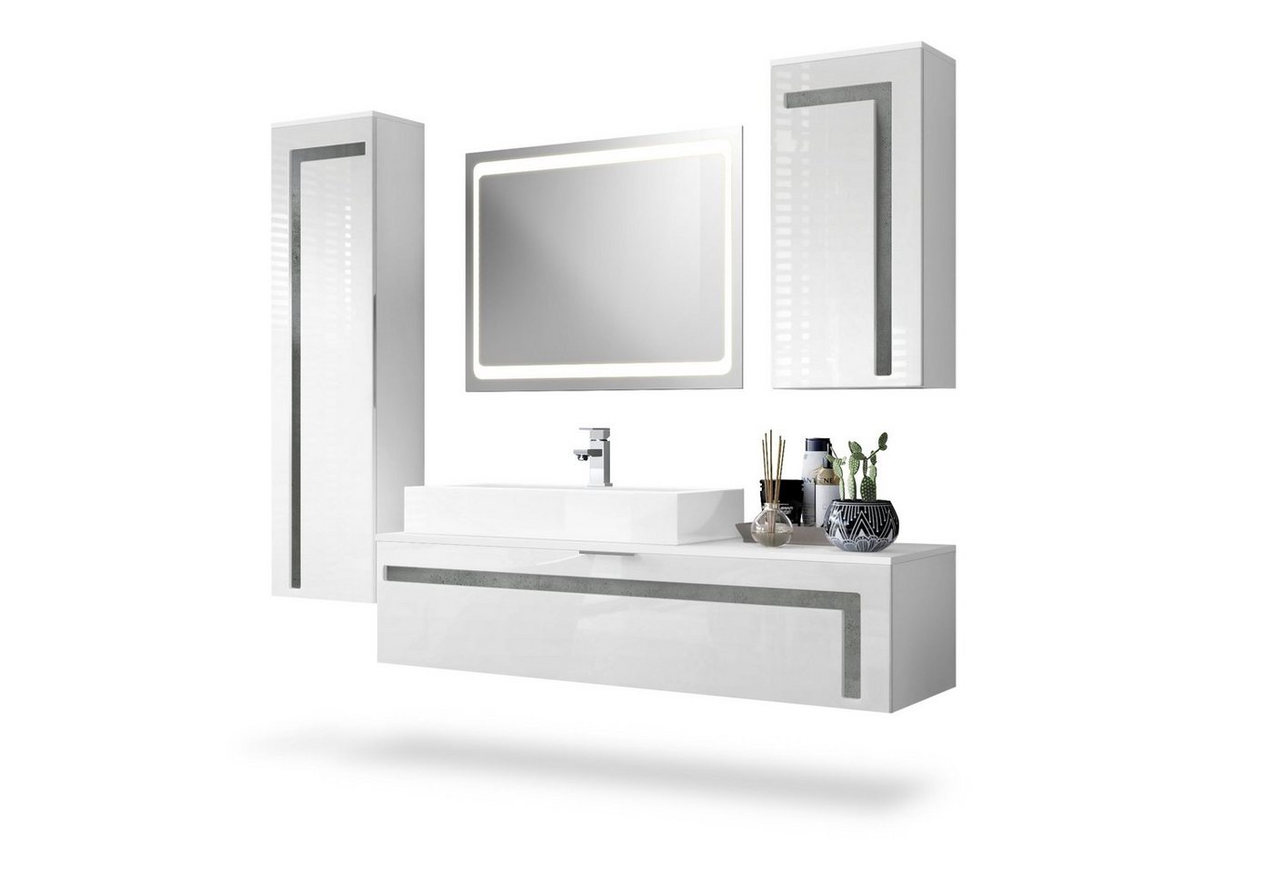 Vladon Badmöbel-Set Aloha, (Badezimmer-Set mit 2 Hochschränken, 1 Unterschrank, Waschbecken und LED-Spiegel), Weiß matt&glänzend, Absetzungen in Beton Dunkel Optik (210x51x185 cm) von Vladon