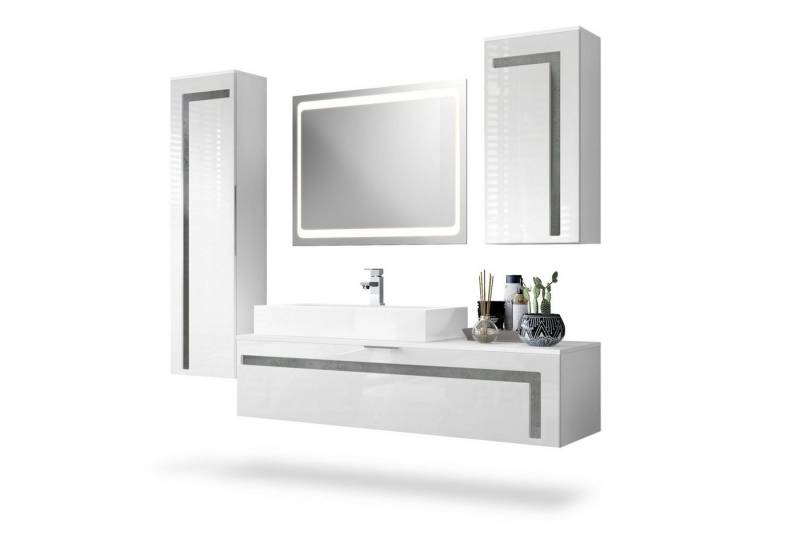 Vladon Badmöbel-Set Aloha, (Badezimmer-Set mit 2 Hochschränken, 1 Unterschrank, Waschbecken und LED-Spiegel), Weiß matt&glänzend, Absetzungen in Beton Dunkel Optik (210x51x185 cm) von Vladon