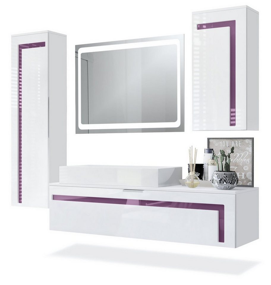 Vladon Badmöbel-Set Aloha, (Badezimmer-Set mit 2 Hochschränken, 1 Unterschrank und 1 LED Spiegel), Weiß matt/Brombeer glänzend/Absetzung Weiß glänzend (210x51x185 cm) von Vladon