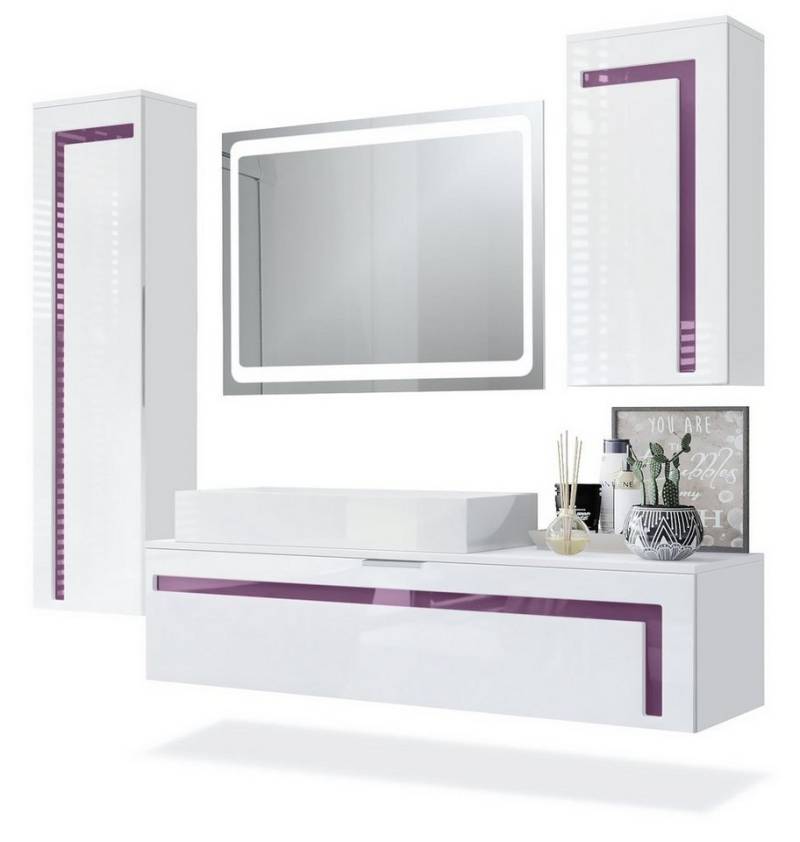 Vladon Badmöbel-Set Aloha, (Badezimmer-Set mit 2 Hochschränken, 1 Unterschrank und 1 LED Spiegel), Weiß matt/Brombeer glänzend/Absetzung Weiß glänzend (210x51x185 cm) von Vladon