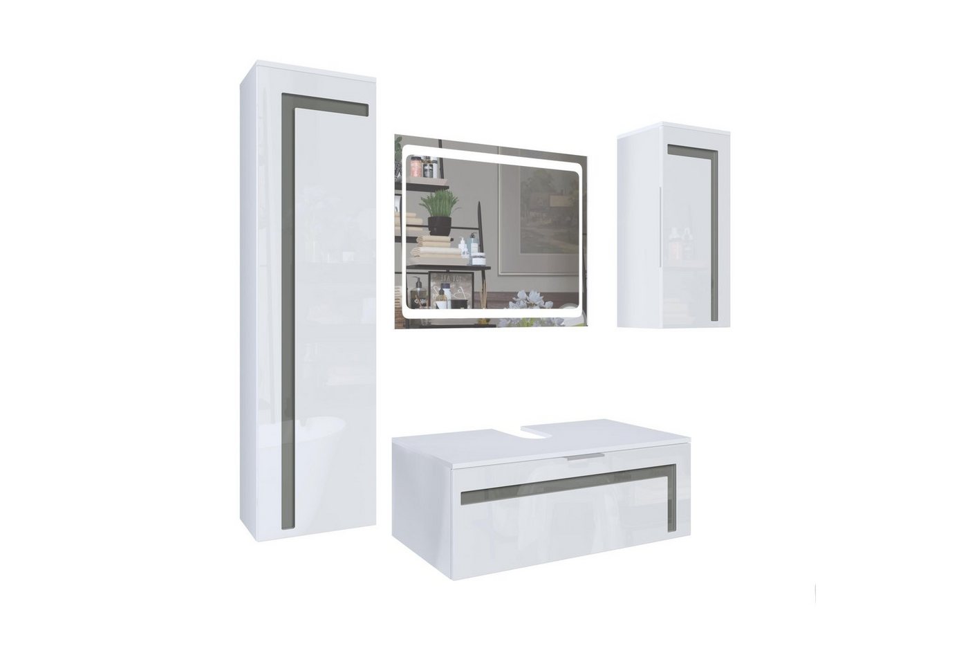 Vladon Badmöbel-Set Aloha V2, (Badezimmer-Set mit 2 Hochschränken, 1 Unterschrank und 1 LED-Spiegel), Weiß matt/Weiß Hochglanz, Absetzungen in Grau Hochglanz (189x193x51cm) von Vladon