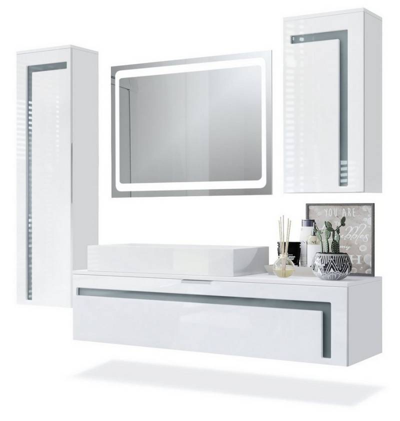 Vladon Badmöbel-Set Aloha, (Badezimmer-Set mit 2 Hochschränken, 1 Unterschrank und 1 LED Spiegel), Weiß matt/Weiß glänzend, Absetzungen in Grau glänzend (210x51x185 cm) von Vladon