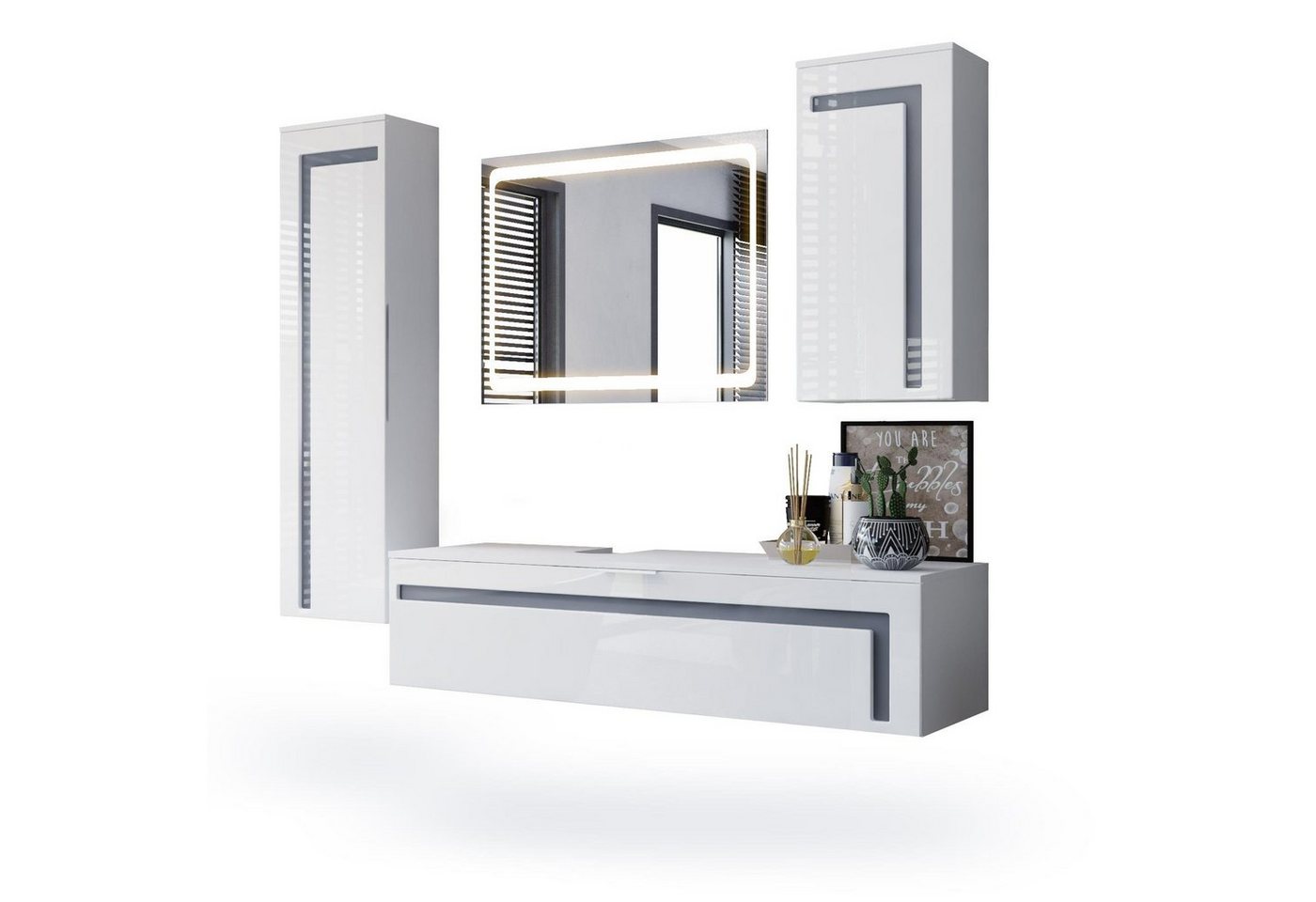 Vladon Badmöbel-Set Aloha, (Badezimmer-Set mit 2 Hochschränken, 1 Unterschrank und 1 LED Spiegel), Weiß matt/Weiß glänzend, Absetzungen in Grau glänzend (210x51x185 cm) von Vladon