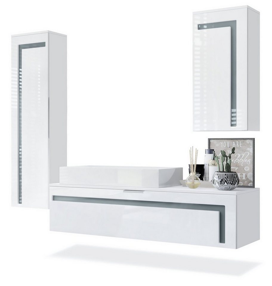 Vladon Badmöbel-Set Aloha, (Badezimmer-Set mit 2 Hochschränken, 1 Unterschrank und 1 LED Spiegel), Weiß matt/Weiß glänzend, Absetzungen in Grau glänzend (210x51x185 cm) von Vladon