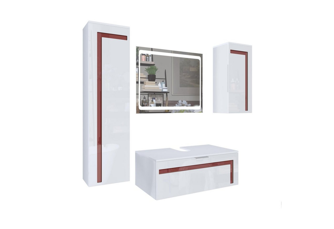 Vladon Badmöbel-Set Aloha V2, (Badezimmer-Set mit 2 Hochschränken, 1 Unterschrank und 1 LED-Spiegel), Weiß matt&glänzend, Absetzungen in Bordeaux glänzend (189x193x51cm) von Vladon