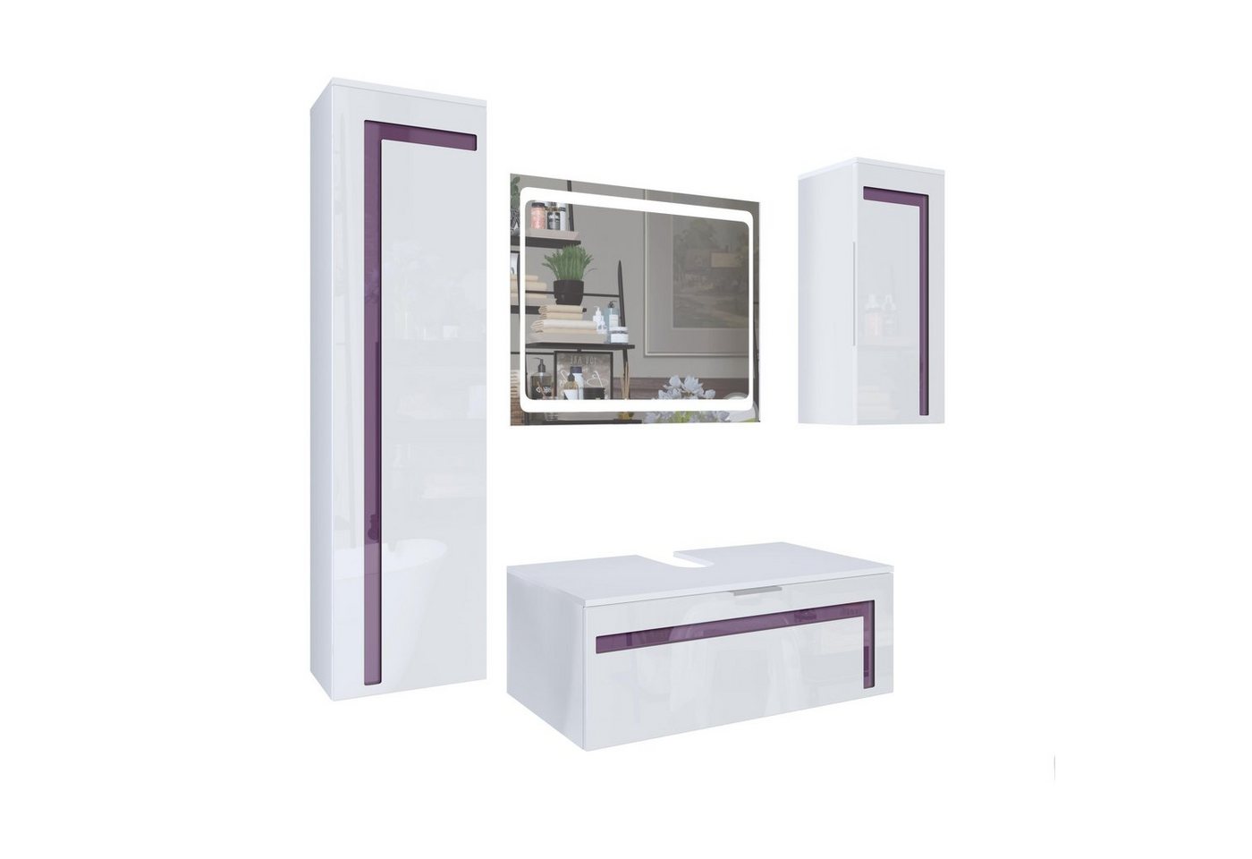 Vladon Badmöbel-Set Aloha V2, (Badezimmer-Set mit 2 Hochschränken, 1 Unterschrank und 1 LED-Spiegel), Weiß matt&glänzend, Absetzungen in Brombeer glänzend (189x193x51cm) von Vladon