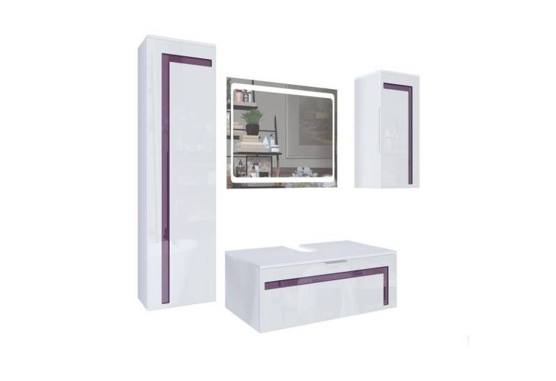 Vladon Badmöbel-Set Aloha V2, (Badezimmer-Set mit 2 Hochschränken, 1 Unterschrank und 1 LED-Spiegel), Weiß matt&glänzend, Absetzungen in Brombeer glänzend (189x193x51cm) von Vladon