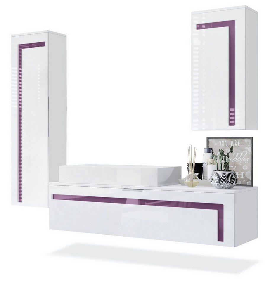 Vladon Badmöbel-Set Aloha, (Badezimmer-Set mit 2 Hochschränken, 1 Unterschrank und 1 LED Spiegel), Weiß matt&glänzend, Absetzungen in Brombeer glänzend (210x51x185 cm) von Vladon