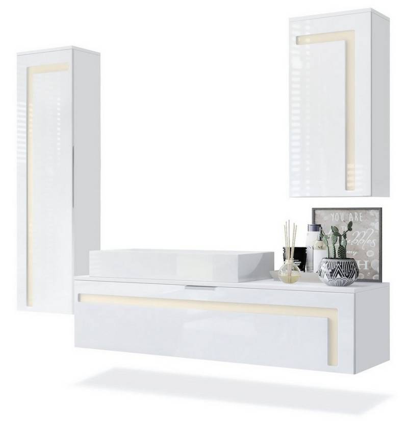 Vladon Badmöbel-Set Aloha, (Badezimmer-Set mit 2 Hochschränken, 1 Unterschrank und 1 LED Spiegel), Weiß matt&glänzend, Absetzungen in Creme glänzend (210x51x185 cm) von Vladon