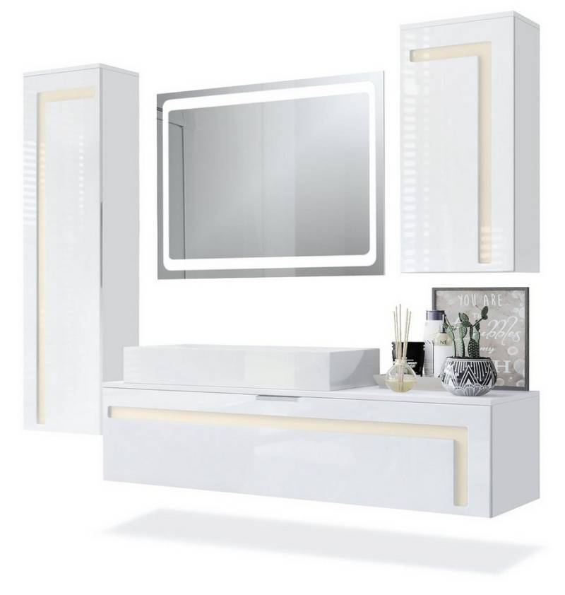 Vladon Badmöbel-Set Aloha, (Badezimmer-Set mit 2 Hochschränken, 1 Unterschrank und 1 LED Spiegel), Weiß matt&glänzend, Absetzungen in Creme glänzend (210x51x185 cm) von Vladon