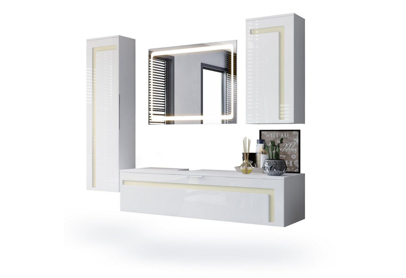 Vladon Badmöbel-Set Aloha, (Badezimmer-Set mit 2 Hochschränken, 1 Unterschrank und 1 LED Spiegel), Weiß matt&glänzend, Absetzungen in Creme glänzend (210x51x185 cm) von Vladon