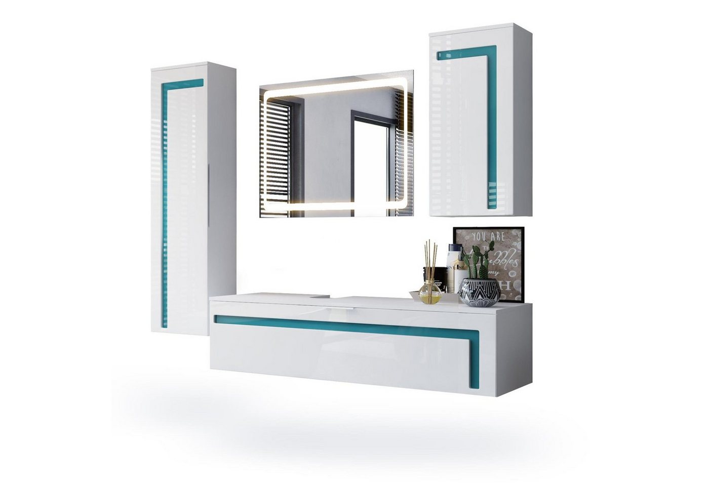 Vladon Badmöbel-Set Aloha, (Badezimmer-Set mit 2 Hochschränken, 1 Unterschrank und 1 LED Spiegel), Weiß matt&glänzend, Absetzungen in Petrol glänzend (210x51x185 cm) von Vladon