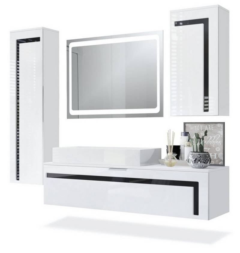 Vladon Badmöbel-Set Aloha, (Badezimmer-Set mit 2 Hochschränken, 1 Unterschrank und 1 LED Spiegel), Weiß matt&glänzend, Absetzungen in Schwarz glänzend (210x51x185 cm) von Vladon