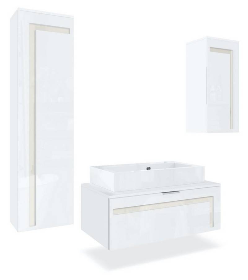 Vladon Badmöbel-Set Aloha V2, (Badezimmer-Set mit 2 Hochschränken, 1 Unterschrank und 1 Waschbecken), Weiß matt/Weiß glänzend, Absetzungen in Creme glänzend (189x193x51cm) von Vladon