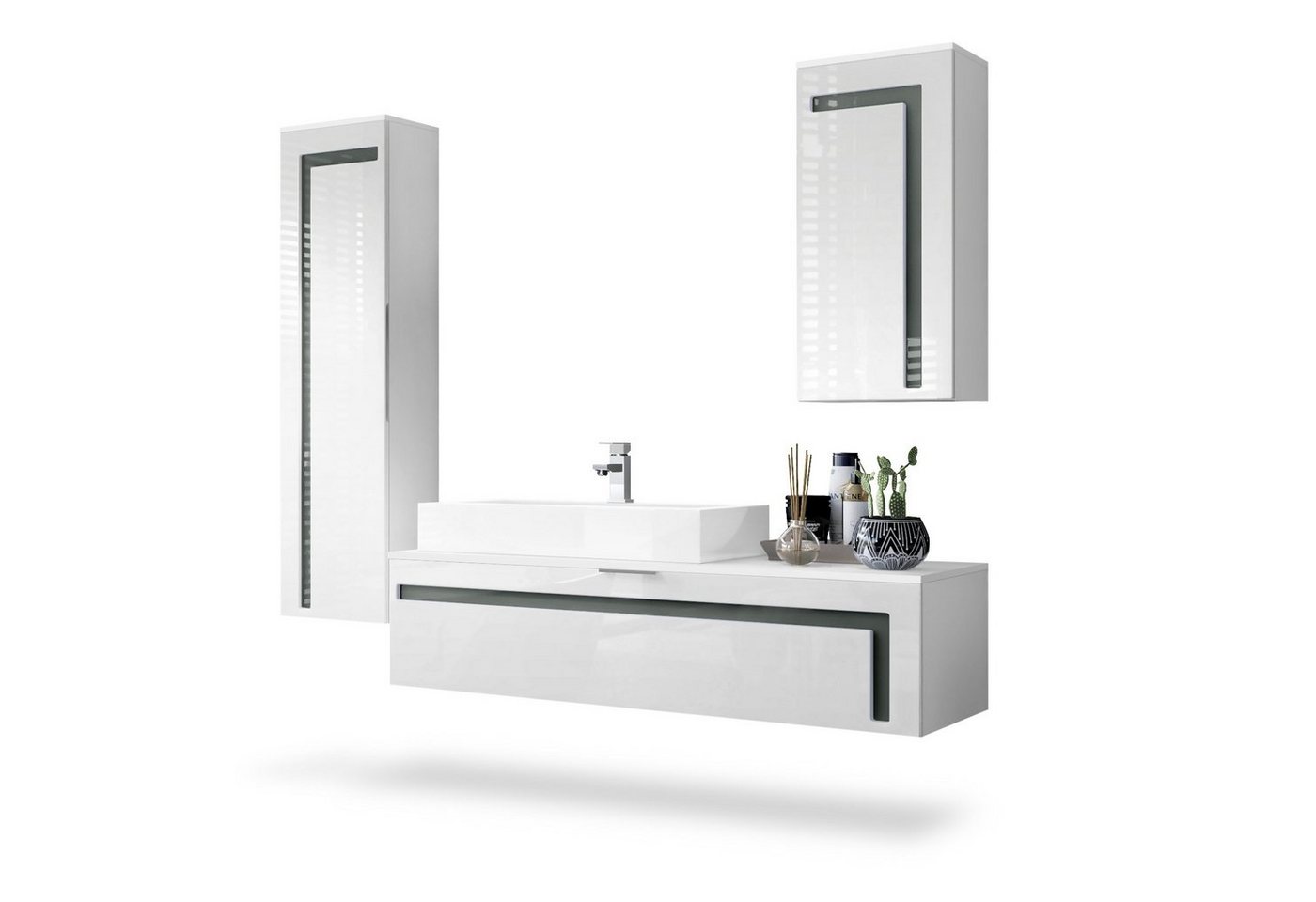 Vladon Badmöbel-Set Aloha, (Badezimmer-Set mit 2 Hochschränken, 1 Unterschrank und 1 Waschbecken mit Armatur), Weiß matt/Weiß glänzend, Absetzungen in Grau glänzend (210x51x185 cm) von Vladon