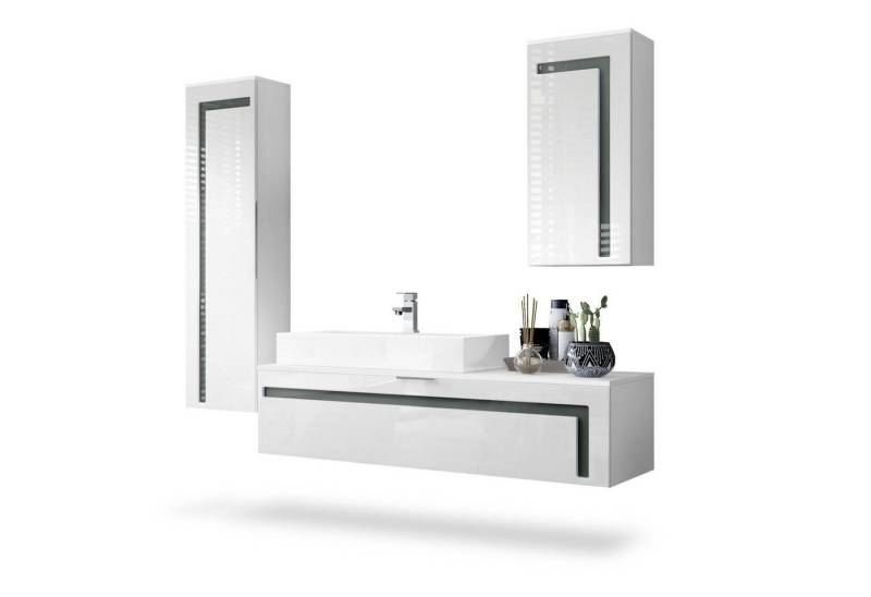 Vladon Badmöbel-Set Aloha, (Badezimmer-Set mit 2 Hochschränken, 1 Unterschrank und 1 Waschbecken mit Armatur), Weiß matt/Weiß glänzend, Absetzungen in Grau glänzend (210x51x185 cm) von Vladon