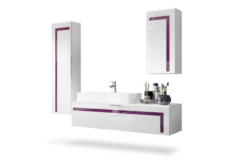 Vladon Badmöbel-Set Aloha, (Badezimmer-Set mit 2 Hochschränken, 1 Unterschrank und 1 Waschbecken mit Armatur), Weiß matt&glänzend, Absetzungen in Brombeer glänzend (210x51x185 cm) von Vladon