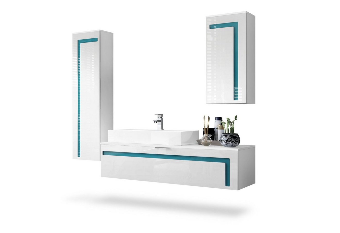 Vladon Badmöbel-Set Aloha, (Badezimmer-Set mit 2 Hochschränken, 1 Unterschrank und 1 Waschbecken mit Armatur), Weiß matt&glänzend, Absetzungen in Petrol glänzend (210x51x185 cm) von Vladon