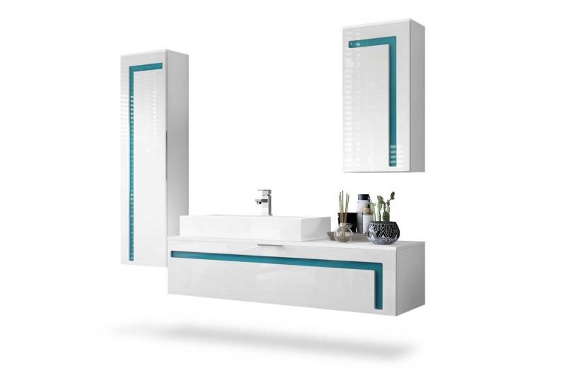 Vladon Badmöbel-Set Aloha, (Badezimmer-Set mit 2 Hochschränken, 1 Unterschrank und 1 Waschbecken mit Armatur), Weiß matt&glänzend, Absetzungen in Petrol glänzend (210x51x185 cm) von Vladon