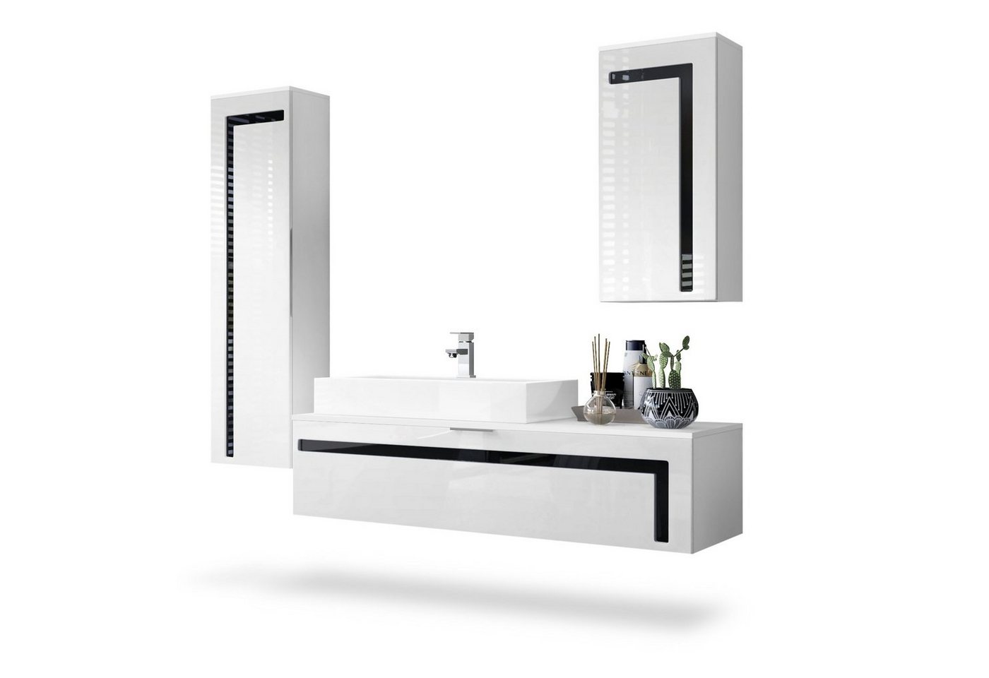 Vladon Badmöbel-Set Aloha, (Badezimmer-Set mit 2 Hochschränken, 1 Unterschrank und 1 Waschbecken mit Armatur), Weiß matt&glänzend, Absetzungen in Schwarz glänzend (210x51x185 cm) von Vladon