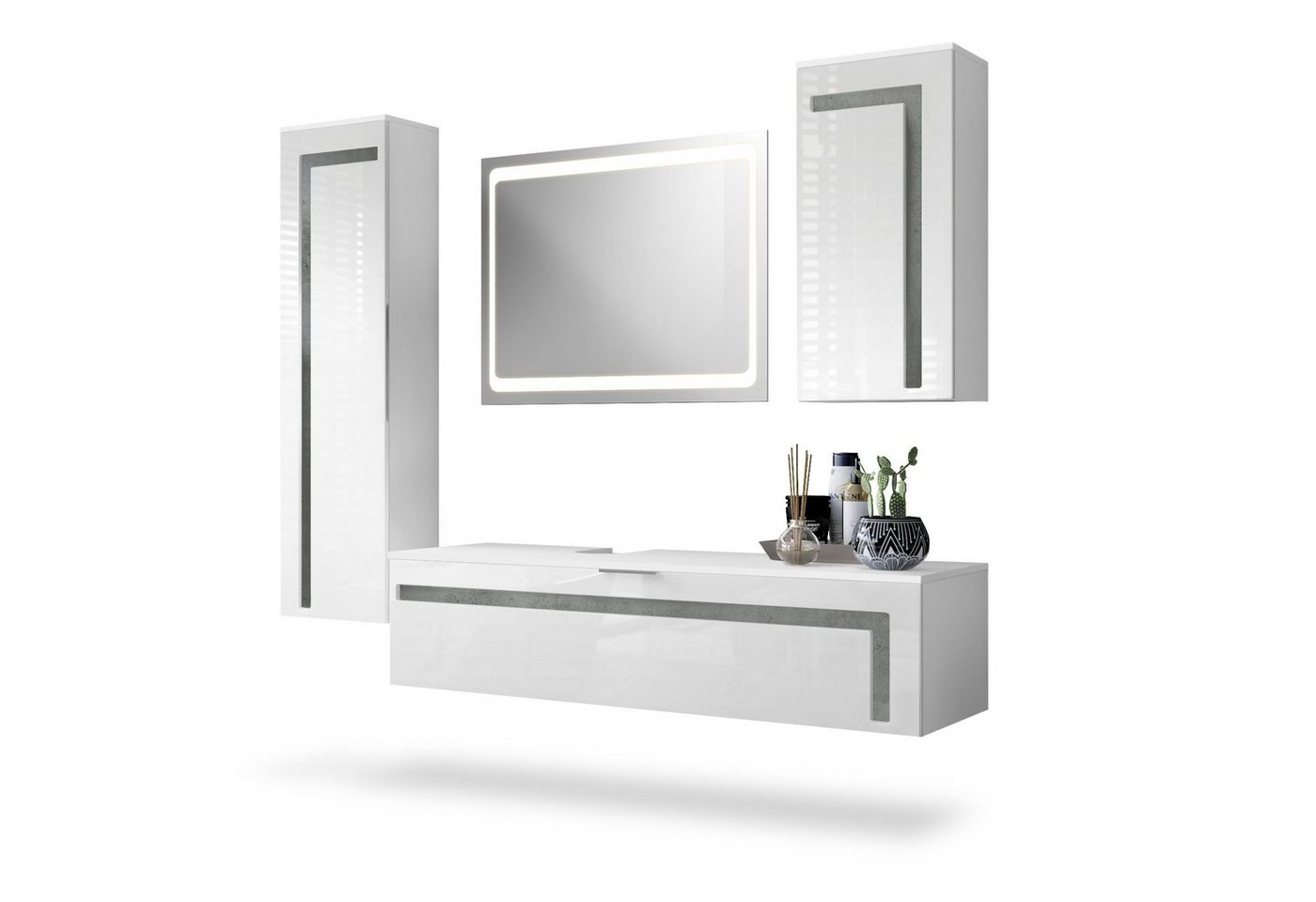 Vladon Badmöbel-Set Aloha, (Badezimmer-Set mit 2 Hochschränken, 1 Unterschrank und LED-Spiegel), Weiß matt&glänzend, Absetzungen in Beton Dunkel Optik (210x51x185 cm) von Vladon