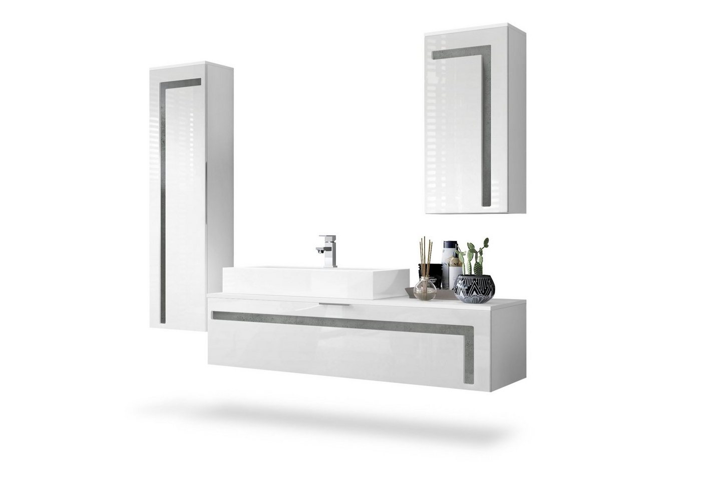 Vladon Badmöbel-Set Aloha, (Badezimmer-Set mit 2 Hochschränken, 1 Unterschrank und Waschbecken), Weiß matt&glänzend, Absetzungen in Beton Dunkel Optik (210x51x185 cm) von Vladon