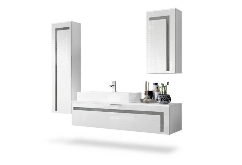Vladon Badmöbel-Set Aloha, (Badezimmer-Set mit 2 Hochschränken, 1 Unterschrank und Waschbecken), Weiß matt&glänzend, Absetzungen in Beton Dunkel Optik (210x51x185 cm) von Vladon