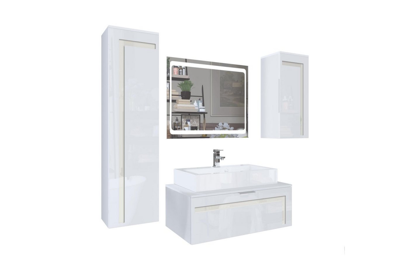 Vladon Badmöbel-Set Aloha V2, (Badezimmer-Set mit 2 Hochschränken, Unterschrank, LED-Spiegel, Waschbecken und Armatur), Weiß matt/Weiß glänzend, Absetzungen in Creme glänzend (189x193x51cm) von Vladon