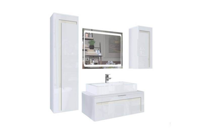 Vladon Badmöbel-Set Aloha V2, (Badezimmer-Set mit 2 Hochschränken, Unterschrank, LED-Spiegel, Waschbecken und Armatur), Weiß matt/Weiß glänzend, Absetzungen in Creme glänzend (189x193x51cm) von Vladon