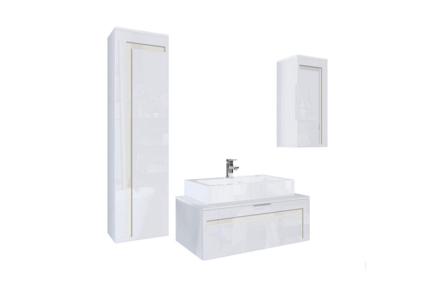 Vladon Badmöbel-Set Aloha V2, (Badezimmer-Set mit 2 Hochschränken, Unterschrank, Waschbecken und Armatur), Weiß matt/Weiß glänzend, Absetzungen in Creme glänzend (189x193x51cm) von Vladon