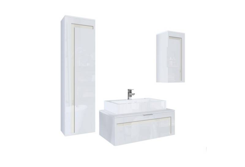 Vladon Badmöbel-Set Aloha V2, (Badezimmer-Set mit 2 Hochschränken, Unterschrank, Waschbecken und Armatur), Weiß matt/Weiß glänzend, Absetzungen in Creme glänzend (189x193x51cm) von Vladon