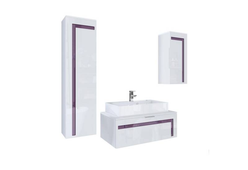Vladon Badmöbel-Set Aloha V2, (Badezimmer-Set mit 2 Hochschränken, Unterschrank, Waschbecken und Armatur), Weiß matt&glänzend, Absetzungen in Brombeer glänzend (189x193x51cm) von Vladon