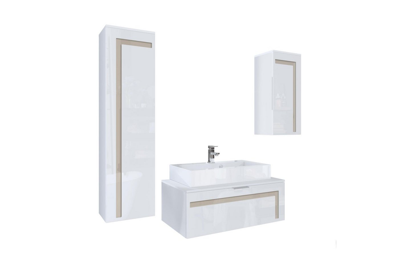 Vladon Badmöbel-Set Aloha V2, (Badezimmer-Set mit 2 Hochschränken, Unterschrank, Waschbecken und Armatur), Weiß matt&glänzend, Absetzungen in Sandgrau glänzend (189x193x51cm) von Vladon