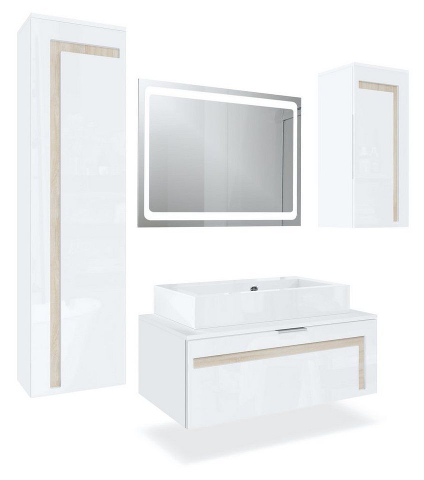 Vladon Badmöbel-Set Aloha V2, (Badezimmer-Set mit 2 Hochschränken, Unterschrank, Waschbecken und LED-Spiegel), Weiß matt/Eiche sägerau, Absetzungen in Weiß Hochglanz (189x193x51cm) von Vladon