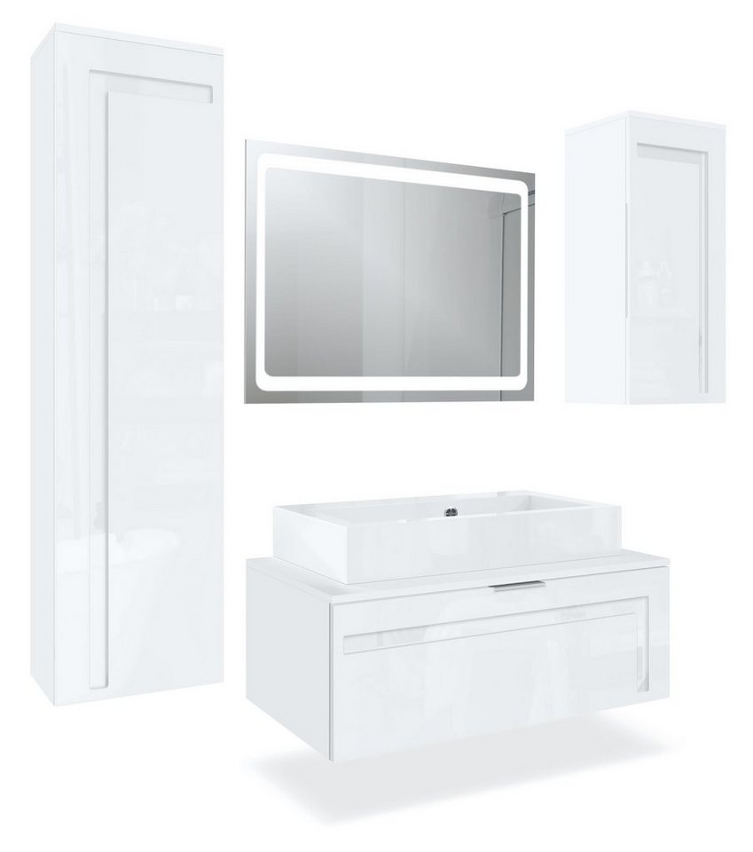 Vladon Badmöbel-Set Aloha V2, (Badezimmer-Set mit 2 Hochschränken, Unterschrank, Waschbecken und LED-Spiegel), Weiß matt/Weiß Hochglanz, Absetzungen in Weiß Hochglanz (189x193x51cm) von Vladon