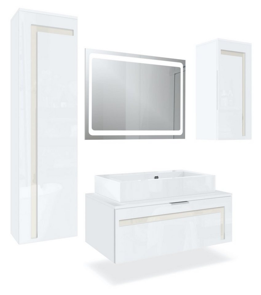 Vladon Badmöbel-Set Aloha V2, (Badezimmer-Set mit 2 Hochschränken, Unterschrank, Waschbecken und LED-Spiegel), Weiß matt/Weiß glänzend, Absetzungen in Creme glänzend (189x193x51cm) von Vladon