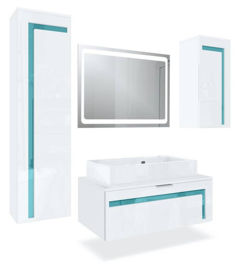 Vladon Badmöbel-Set Aloha V2, (Badezimmer-Set mit 2 Hochschränken, Unterschrank, Waschbecken und LED-Spiegel), Weiß matt/Weiß glänzend, Absetzungen in Petrol glänzend (189x193x51cm) von Vladon