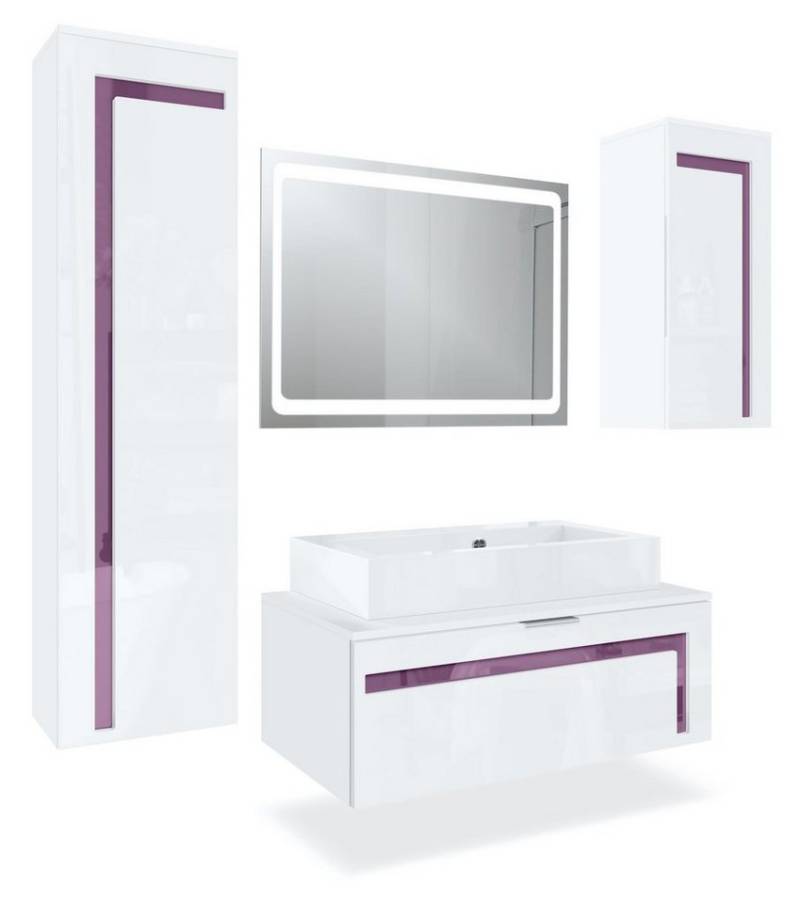 Vladon Badmöbel-Set Aloha V2, (Badezimmer-Set mit 2 Hochschränken, Unterschrank, Waschbecken und LED-Spiegel), Weiß matt&glänzend, Absetzungen in Brombeer glänzend (189x193x51cm) von Vladon