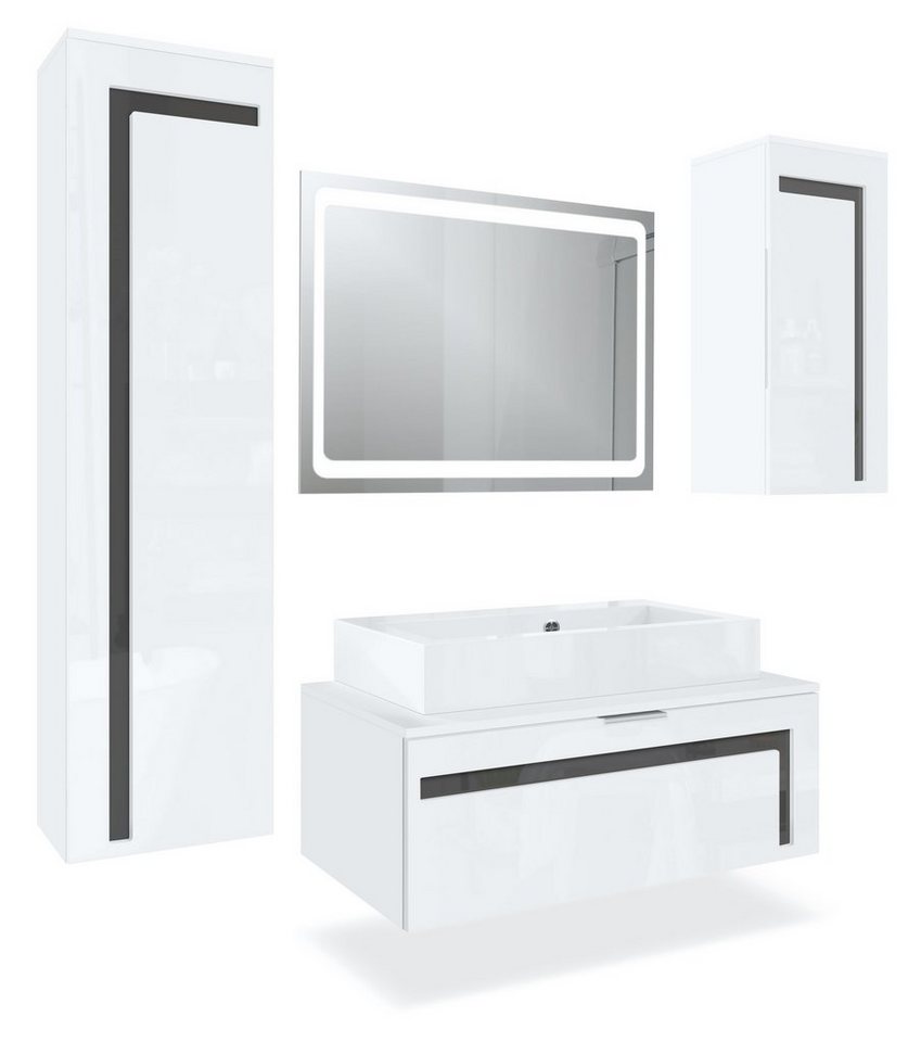 Vladon Badmöbel-Set Aloha V2, (Badezimmer-Set mit 2 Hochschränken, Unterschrank, Waschbecken und LED-Spiegel), Weiß matt&glänzend, Absetzungen in Schwarz glänzend (189x193x51cm) von Vladon