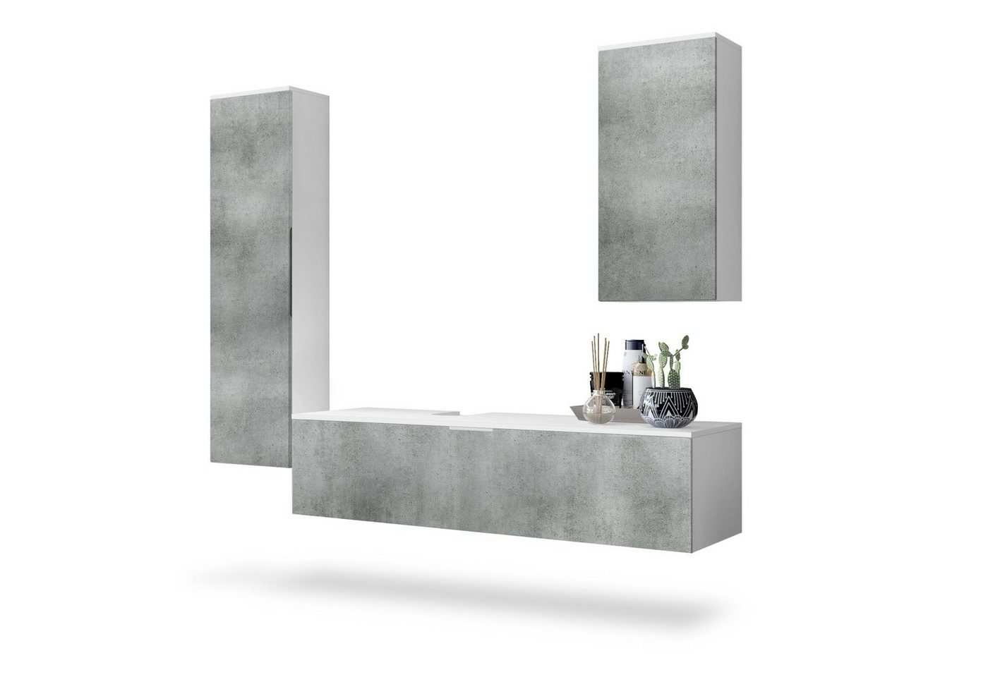 Vladon Badmöbel-Set Beach, (Badezimmer-Set, mit 2 Hochschränken und 1 Unterschrank), Korpus Weiß matt/Fronten Beton Dunkel Optik (189 x 193 x 51 cm) von Vladon
